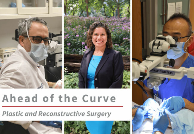 Three images of WashU Plastic and Reconstructive faculty (from left to right) Justin Sacks, MD, MBA, Kelly Currie, MD, and Thomas Tung, MD, with text overlay that reads "Ahead of the Curve Plastic and Reconstructive Surgery."